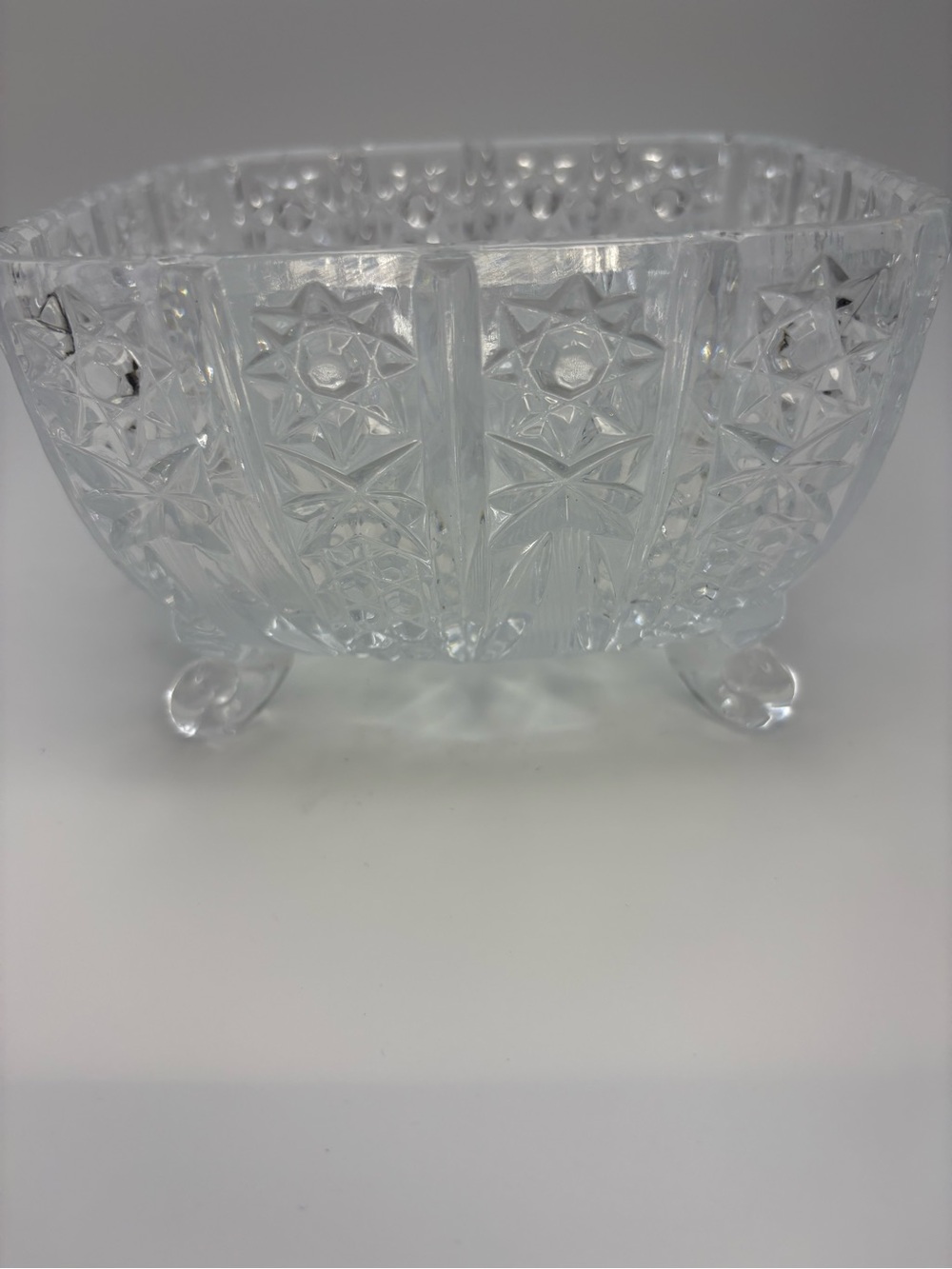 Vintage Square Cut Glass Candy Bowl Dish Starburst Pinwheel